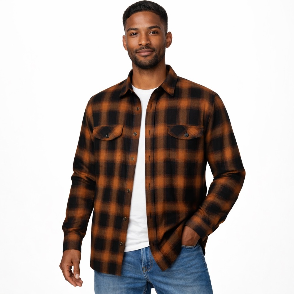 Stormtech Plaid Flannel Shirt Button-Up Black Orange Size Large